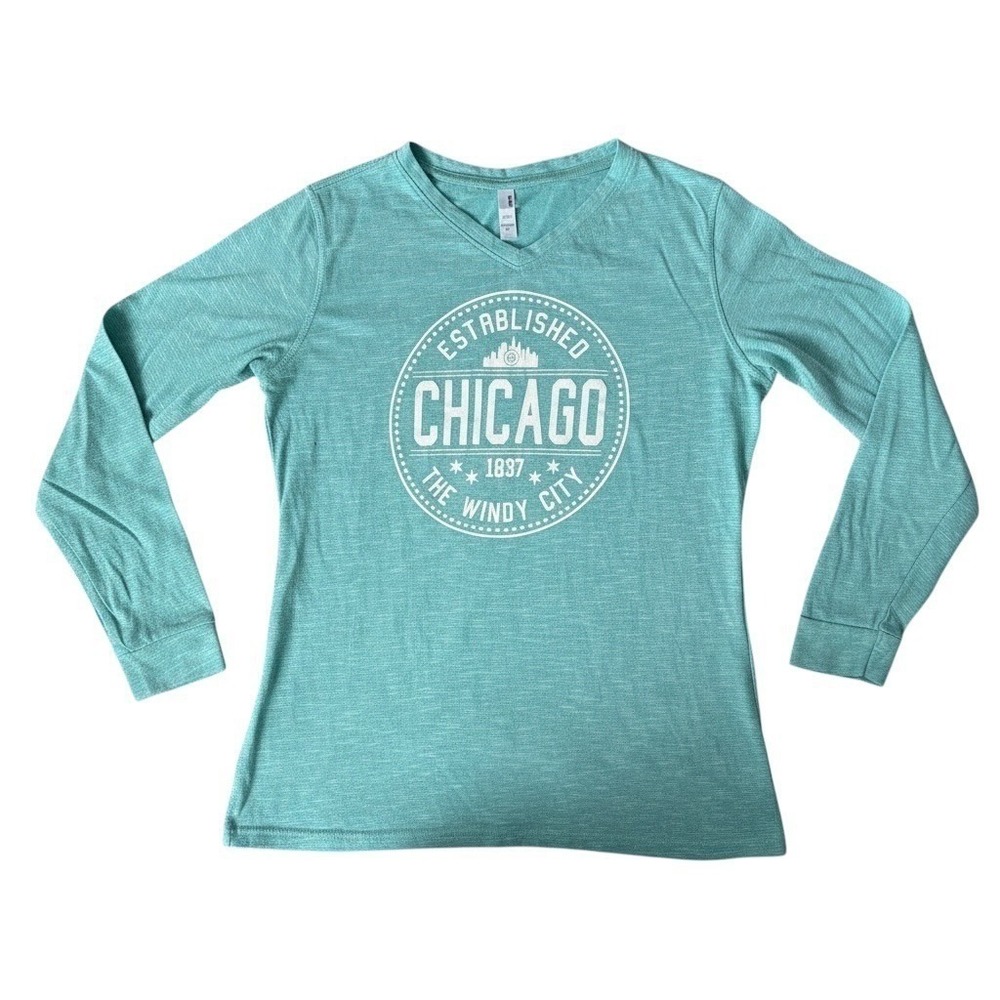 Chicago Windy City Graphic Long Sleeve V-Neck Tee Teal Heathered Women Large